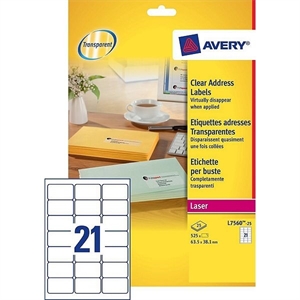 Avery Zweckform L7560-25 transparante etiketten / 63,5 mm x 38,1 mm / 525 etiketten