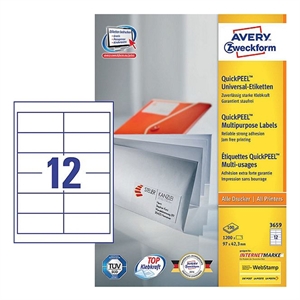 Avery Zweckform 3659 universele etiketten / wit / zelfklevend / 97 mm x 42,3 mm / 1200 etiketten