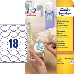 Avery Zweckform L6024REV-25 promotie etiketten / afneembaar / ovaal / 63,5 mm x 42,3 mm / wit / 450 etiketten