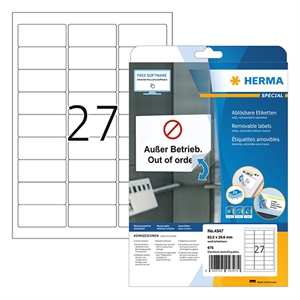 Herma 4347 verwijderbare etiketten / A4 / 63,5 x 29,6 mm / wit / 675 etiketten