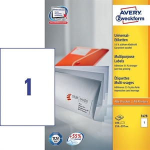 Avery Zweckform 3478 universele etiketten / wit / zelfklevend / 210 mm x 297 mm / 100 etiketten