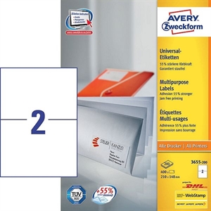 Avery Zweckform 3655 universele etiketten / wit / zelfklevend / 210 mm x 148 mm / 200 etiketten
