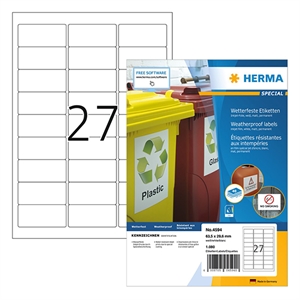 Herma 4594 inkjet etiketten / weerbestendig / A4 / 63,5 x 29,6 mm / wit / 1080 etiketten
