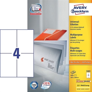 Avery Zweckform 3483 universele etiketten / wit / zelfklevend / 105 mm x 148 mm / 400 etiketten
