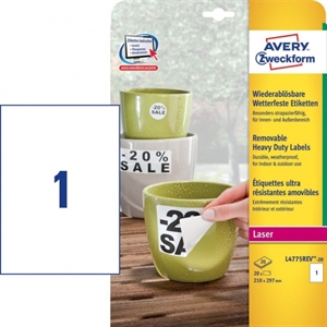 Avery Zweckform L4775REV-20 weerbestendige etiketten / afneembaar / 210 mm x 297 mm / 20 etiketten