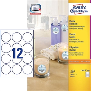 Avery Zweckform L3416-100 promotie etiketten / rond / 60 mm / wit / 1200 etiketten