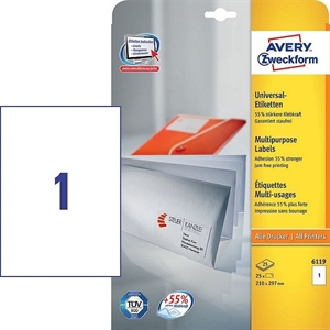 Avery Zweckform 6119 universele etiketten / wit / zelfklevend / 210 mm x 297 mm / 25 etiketten