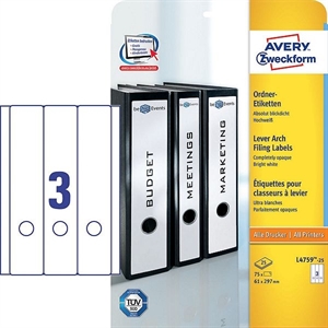 Avery Zweckform L4759-25 printbare rugetiketten / wit / zelfklevend / breed / 61 mm x 297 mm / 75 etiketten