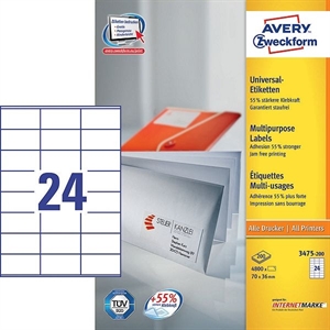 Avery Zweckform 3475-200 universele etiketten / wit / zelfklevend / 70 mm x 36 mm / 4800 etiketten