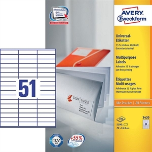 Avery Zweckform 3420 universele etiketten / wit / zelfklevend / 70 mm x 16,9 mm / 5100 etiketten