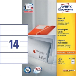 Avery Zweckform 3653-200 universele etiketten / wit / zelfklevend / 105 mm x 42,3 mm / 2800 etiketten