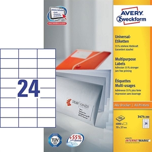 Avery Zweckform 3474-200 universele etiketten / wit / zelfklevend / 70 mm x 36 mm / 4800 etiketten