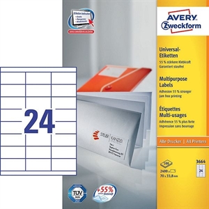 Avery Zweckform 3664 universele etiketten / wit / zelfklevend / 70 mm x 33,8 mm / 2400 etiketten