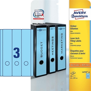Avery Zweckform L4753-20 printbare rugetiketten / blauw / zelfklevend / breed / 61 mm x 297 mm / 60 etiketten