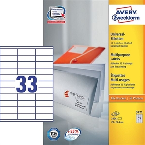 Avery Zweckform 3421 universele etiketten / wit / zelfklevend / 70 mm x 25,4 mm / 3300 etiketten