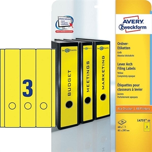 Avery Zweckform L4755-20 printbare rugetiketten / geel / zelfklevend / breed / 61 mm x 297 mm / 60 etiketten