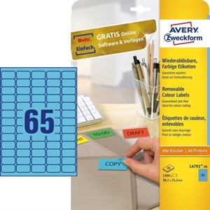 Avery Zweckform L4791-20 etiketten / blauw / 38,1 mm x 21,2 mm / 1300 etiketten