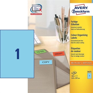 Avery Zweckform 3471 universele etiketten / blauw / 210 mm x 297 mm / 100 etiketten