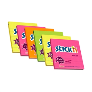 Stick'n memoblok extra sticky / gelinieerd / 101 x 101 mm / neon / 6 stuks