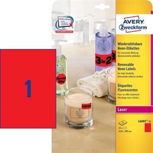 Avery Zweckform L6005-25 etiketten / neon rood / 210 mm x 297 mm / 25 etiketten