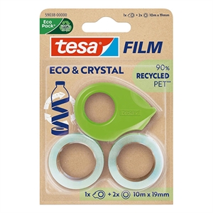Tesa Eco & Crystal plakband / transparant / 19 mm x 10 m / 2 rollen / met dispenser
