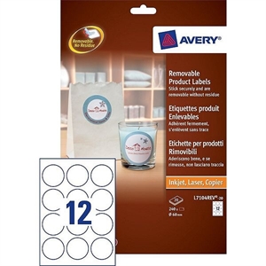 Avery Zweckform L7104REV-20 productetiketten / wit / rond / afneembaar / 60mm / 240 etiketten