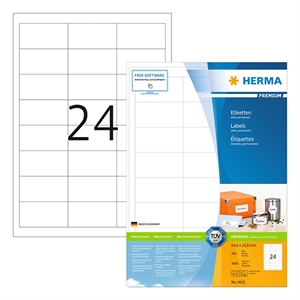 Herma Premium 4632 permanent hechtende etiketten / A4 / 64,6 x 33,8 mm / wit / 4.800 etiketten